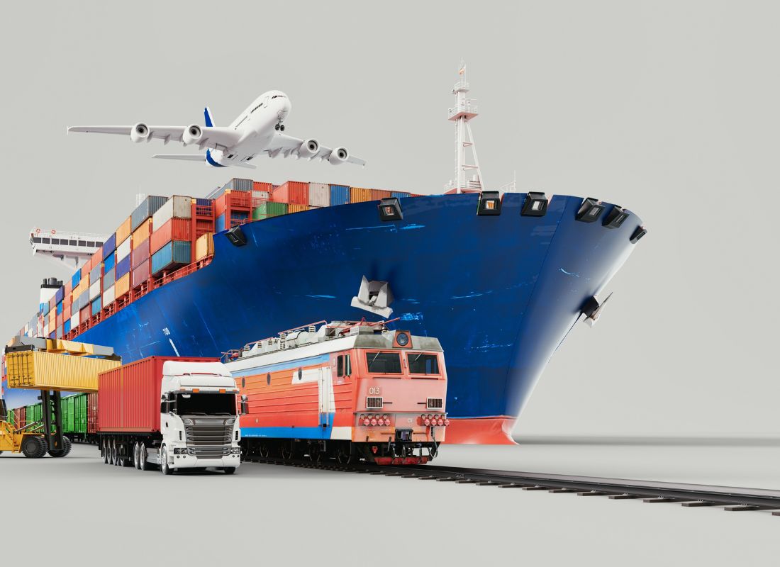 prikaz izvoza robe uz pomoć aviona, voza, broda, kamiona, šlepera..