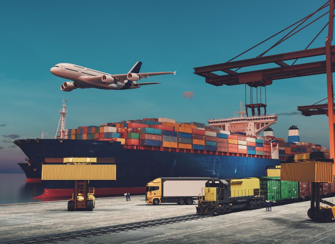 prikaz izvoza robe uz pomoć aviona, kamiona, broda